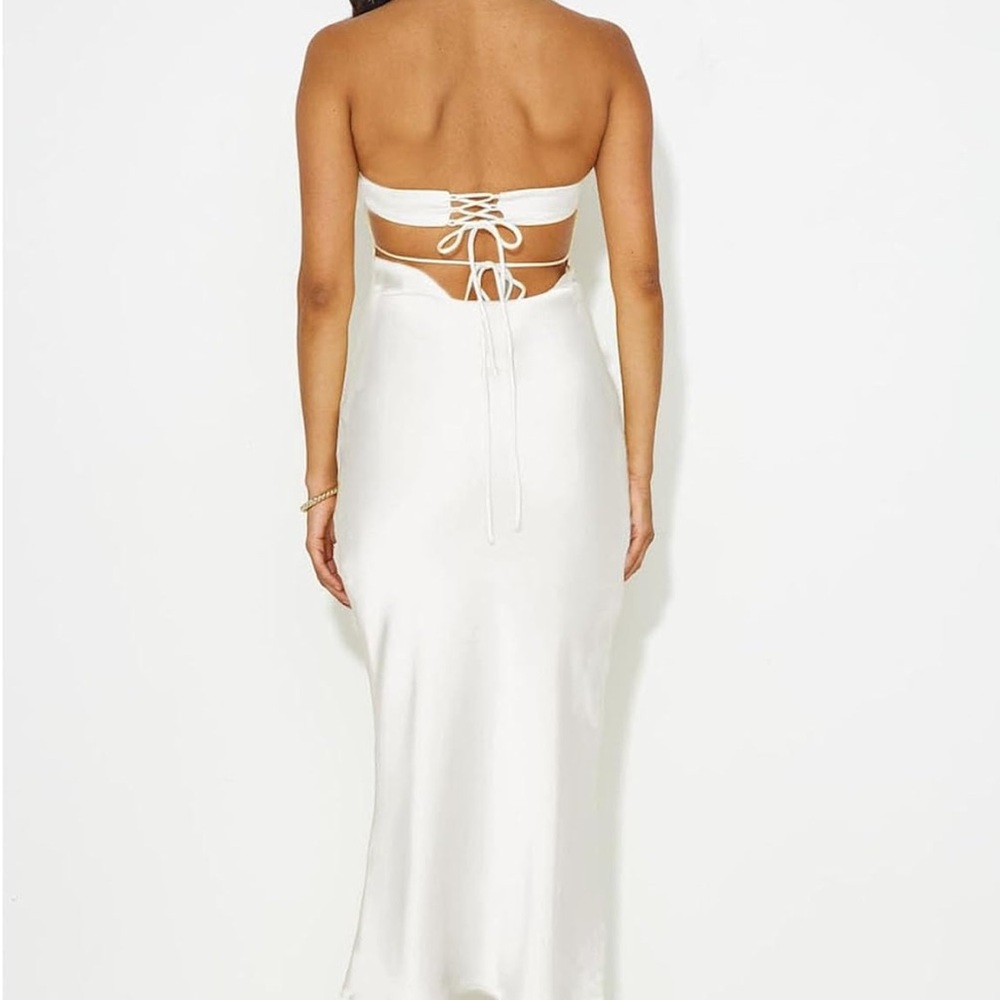 Amazon White Satin Strapless Lace-Up Back Maxi Dress